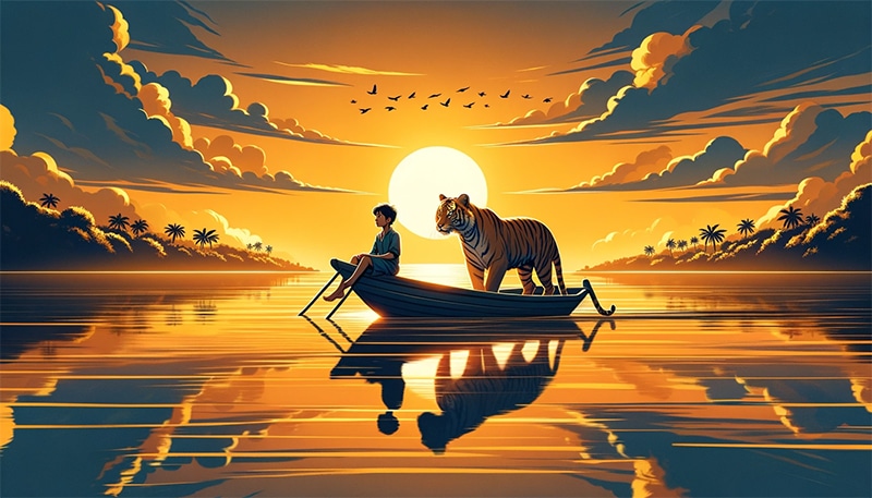 A boy and a tiger in a boat
